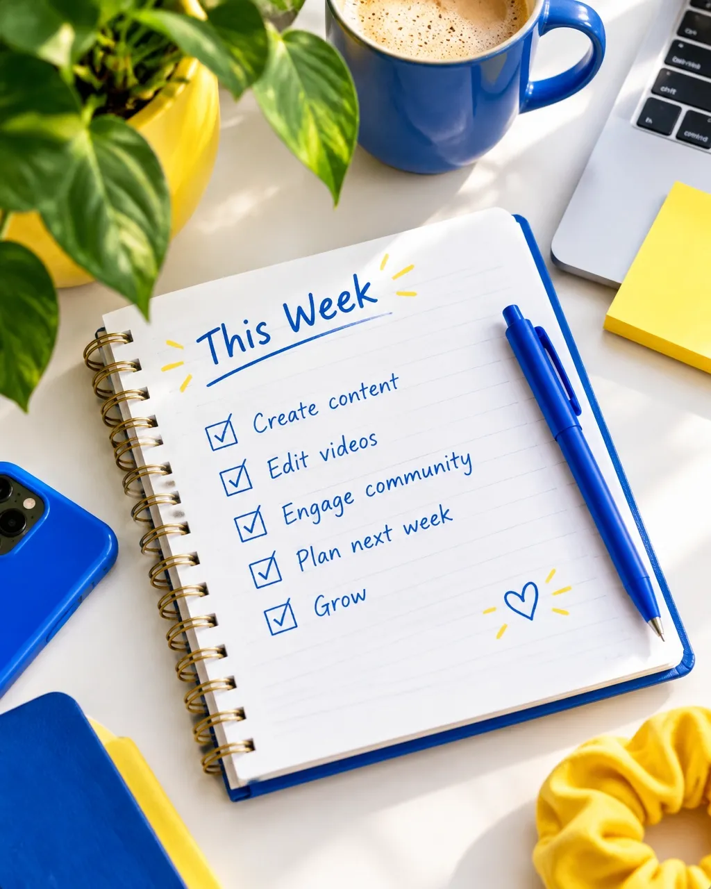 Weekly creator planner with a checklist and blue pen